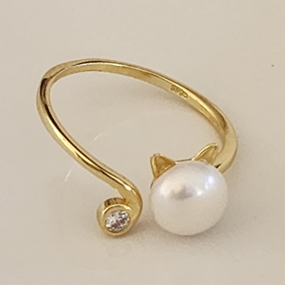 925S Real 8mm Cultured Freshwater Pearl Cat Shape Gold Ring - Adjustable - Picture 8 of 16
